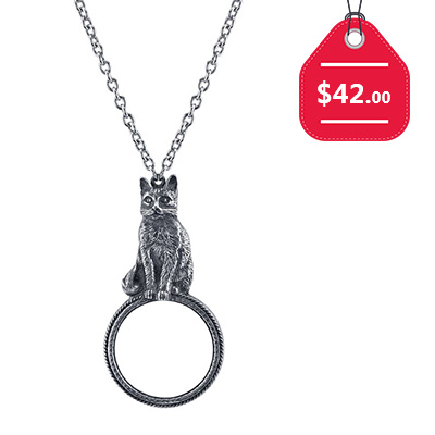 Antiqued Pewter Cat Magnifying Glass Pendant Necklace 30, $42.00