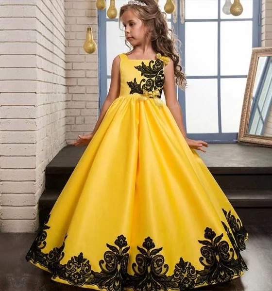 Lovely Flower Embroidery Sleeveless Princess Dress, Yellow