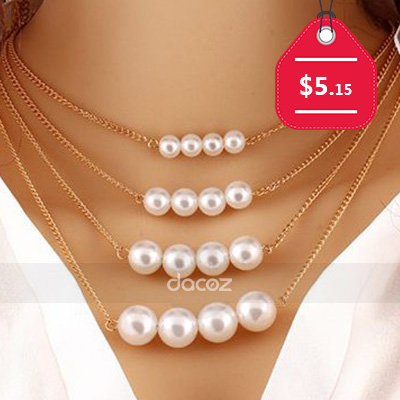 Gold Metal Chain Faux Pearl Decorated Layered Necklace, $5.15