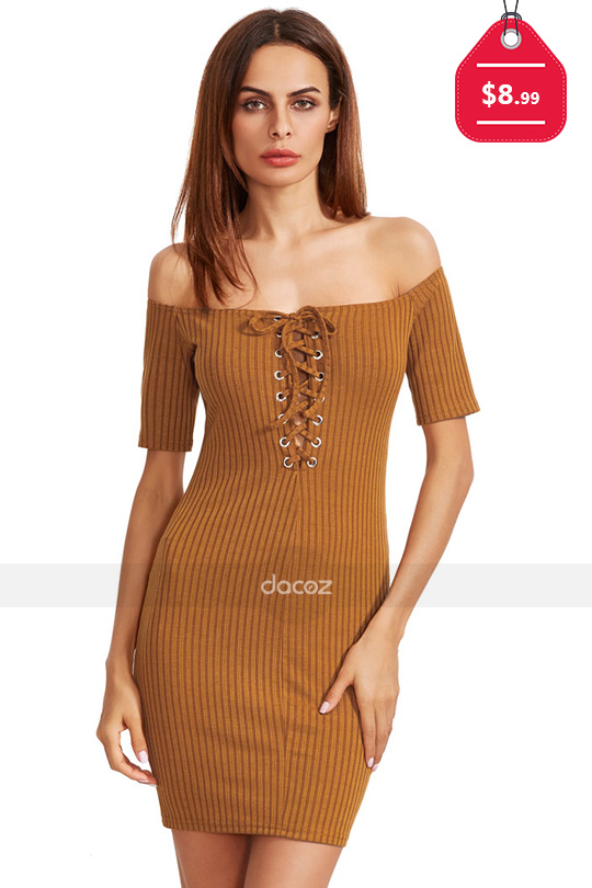 Mustard Off The Shoulder Lace Up Back Bodycon Dress, $8.99