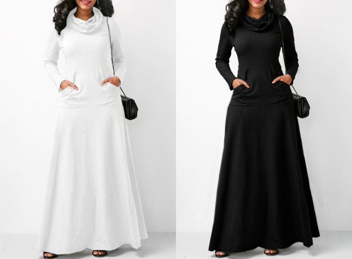 Cowl Neck Long Sleeve Maxi Dress, White & Black