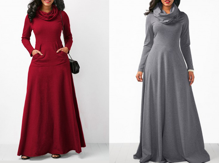 Cowl Neck Long Sleeve Maxi Dress, Wine Red & Grey