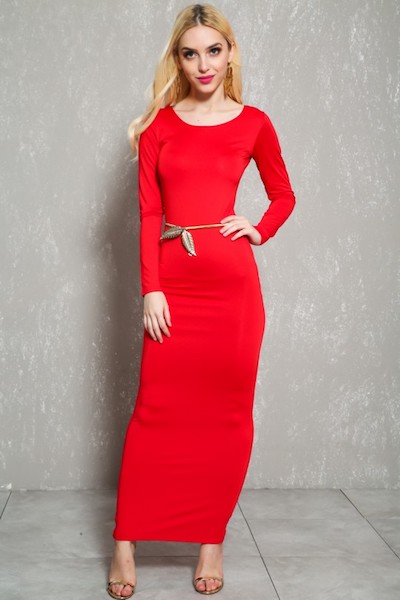 Red Long Sleeves Bodycon Maxi Dress