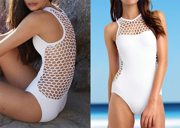 Solid Splicing Hollow Out Sexy One-Piece Swimsuit, White Color
