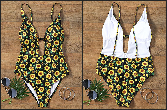 Sunflower Printed Plunging Neckline Backless Swimsuit