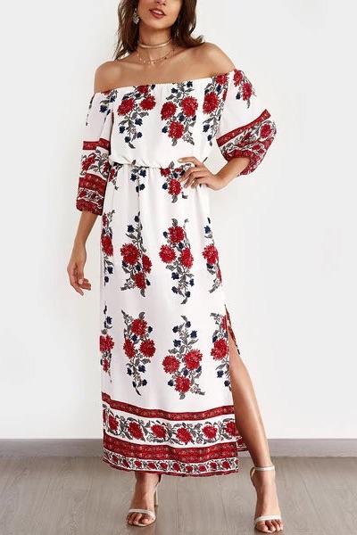 Sexy Off Shoulder Random Floral Print Dress with Side Splitted
