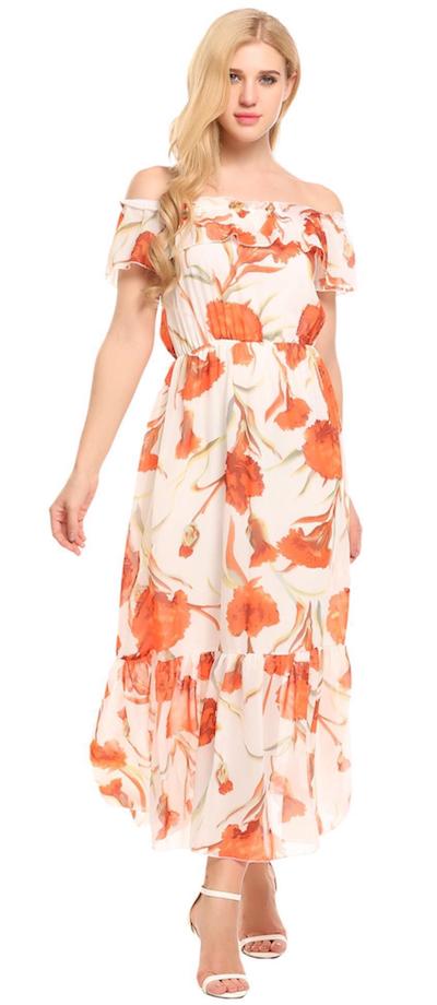 Orange Ruffles Off the Shoulder Short Sleeve Floral Chiffon Maxi Dress