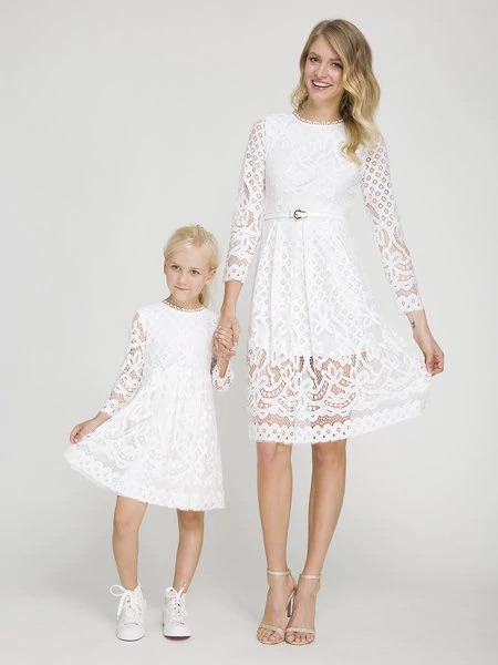 Mommy and Me Hollow Out Delicate Lace Matching Midi Dress, Color White