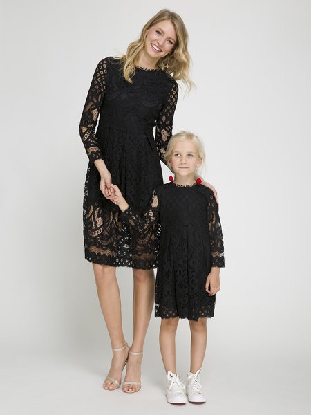 Mommy and Me Hollow Out Delicate Lace Matching Midi Dress, Color Black