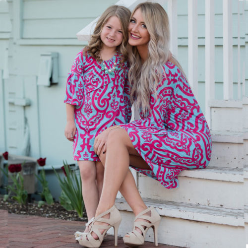 Family Dress Mother and Daughter Matching BOHO Womens Girls Long Rose Dresses
