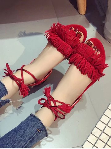 Flat Heel Ankle Wrapped Sandals - Fire Engine Red