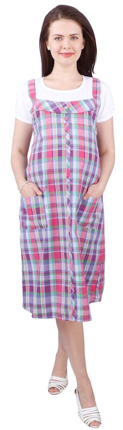 MomToBe Half Sleeves Rayon Maternity Dress Checks Print - White & Pink