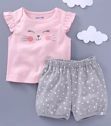 Babyoye Flutter Sleeves Top And Shorts Kitty Print - Pink Grey
