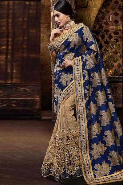 Indian Women Jacquard And Silk Half N Half Saree In Blue And Beige Colour