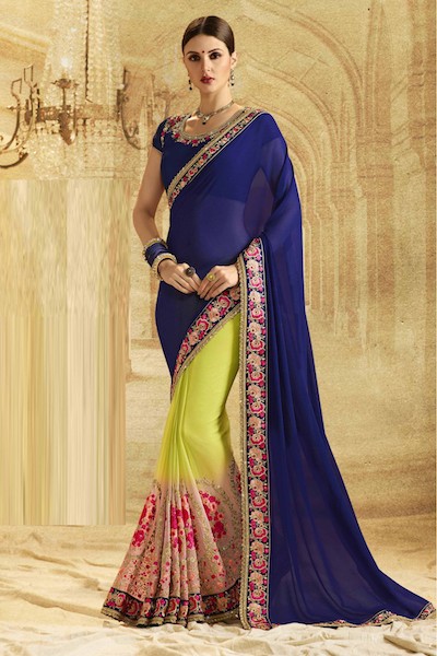 Georgette Half N Half Saree In Blue And Green Colour
