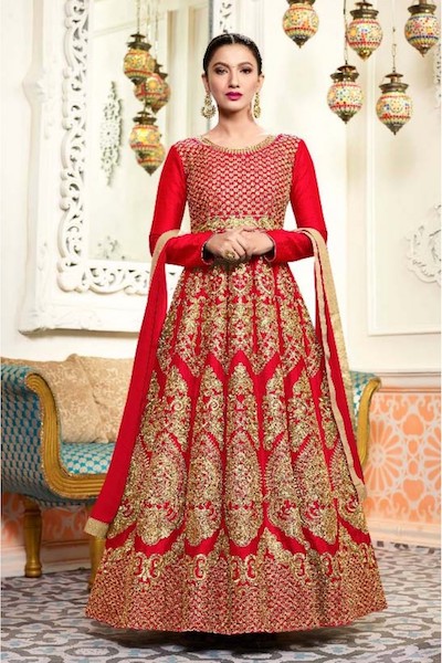 Gauhar Khan Malabary Silk Anarkali Suit In Red And Gold Colour