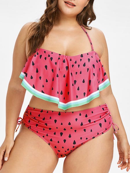 Plus Size Watermelon Overlay Bikini Set, Pink