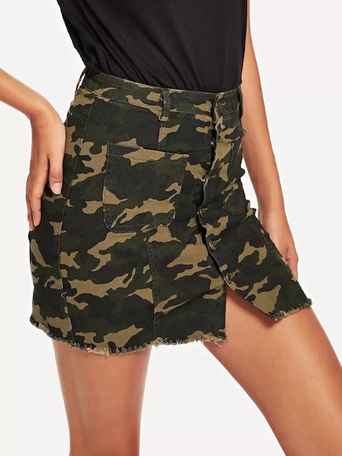 Raw Hem Camouflage Denim Skirt