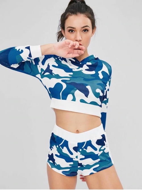 Camouflage Crop Hoodie And Shorts Set