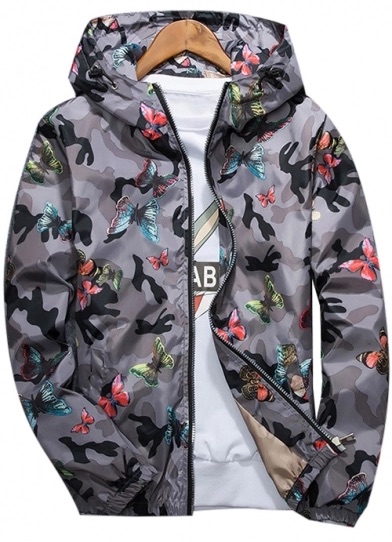 Butterfly Camouflage Printed Long Sleeve Zip Up Hooded Sun Proof Coat