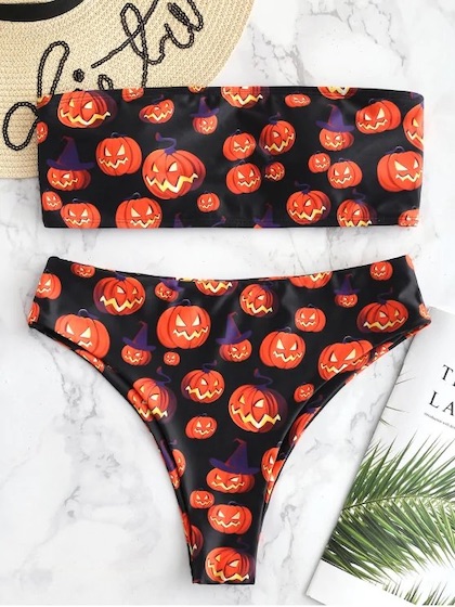 ZAFUL Pumpkin Print Bandeau Bikini Set - Black M