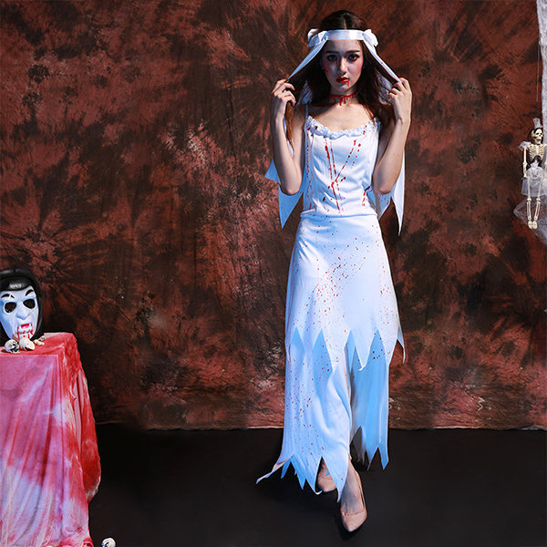 Halloween Ghost Bride Cosplay White Dress Blood Stain Dress For Women