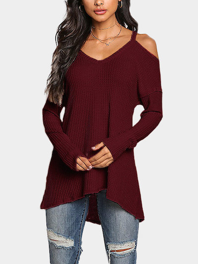 Red Cold Shoulder Long Sleeves Knitted Top
