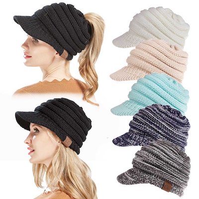 Womens Wool Warm Soft Knit Ponytail Beanie Hat